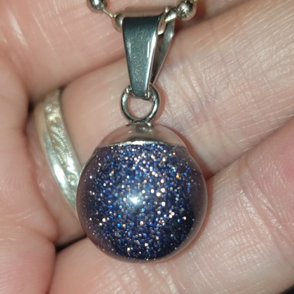 Blue Goldstone Sphere Orb Ball Pendant Necklace - Picture 3 of 8